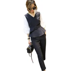 [RED RAY] [レッドレイ] フォーマル パンツスーツ ブラウス セットアップ フリル ２点セット 大きいサイズ おしゃれ カジュアル 着痩せ 結婚式 ジャケット 上下セット スーツ 卒業式 通勤 入学式 パンツ パンツドレス レデ [ブラック] [L]