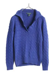 【お得なクーポン配布中!】 LAUREN ラルフローレン 襟付き Vネック ケーブル ニット セーター レディース S / 古着 ポロ コットン 無地 ポニー無し 長袖ニット ブルー