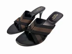 GUCCI リボンストライプ キャンバスレザー 約24.5cm 37 1/2C イタリア ヴィンテージ ブラック×ブラウン 黒×茶 ヒールサンダル レディーズ