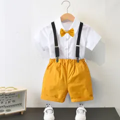 ☆ イエロー ☆ 90cm ☆ フォーマルスーツ pk23a031 フォーマルスーツ 男の子 おしゃれ 4点セット キッズ 半袖 子供スーツ 子供服 フォーマル スーツ セットアップ 上下セット 4点 セット シャツ 半袖シャツ ズボン ストラップ リボン