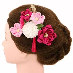 髪飾り 成人式 振袖 浴衣 卒業式 袴 結婚式 3点セット ピンク 白 花 和 洋 かんざし 手作り 簪 つまみ細工 ちりめんフォーマル 花飾り 玉飾り ブライダル W 38 303-203 ピンク 白 p837　Si