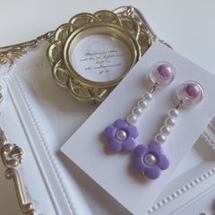 フラワーピアス　パール　パープル　ハンドメイド