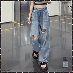 ダメージジーンズ レディースデニムパンツ韓国ハイウエスト カジュアル ストレートジーンズ クラッシュデニムパンツ ウォッシュ加工 ストリート ジーパン おしゃれユーズド加工デニム 体型カバー 着やせ セミワイドパンツ