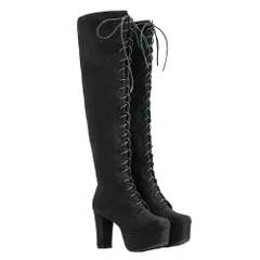 夢展望公式 [新品未使用] レースアップニーハイブーツ [ブラックスエード(ゆったり)] 他カラー別ページ有 diablebaiser ブーツ ニーハイブーツ・サイハイブーツ 532921-04