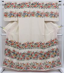 【一輝堂】リサイクル着物 絵羽小紋 紅型 花文 正絹 身丈161cm 裄丈63cm 25z07-3873