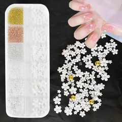 Coollooda ネイルパーツ 花 ネイルアート 立体 お花 ブリオン 半円パール ジュエリーパーツ ネイルデコパーツ ビーズ フラワー パーツ ホワイト 金属粒 3Dネイルアートデコレーション