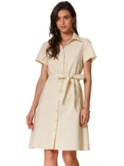 Allegra K レディース リネンコットンドレス Vネック 半袖 ボタンダウン ミディ シャツドレス ベージュ M