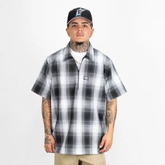 FB COUNTY CHECKER ZIP SHIRT【BLACK×WHITE】(エフビーカウンティ メンズ 大きいサイズ シャツ フランネルシャツ ネルシャツ チェックシャツ オンブレシャツ 半袖 ショートスリーブ 厚手 ビッグサイズ オーバーサイズ)