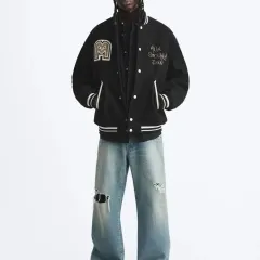 L ） ZARA(ザラ) パッチ バーシティ ボンバー ジャケット 黒