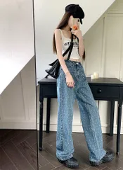 デニム ワイドレッグ パンツ レディース ジーンズ デニムパンツ ワイドパンツ ボトムス ドット柄 ユニセックス 男女兼用 メンズ 女性 男性 ゆったり シンプル きれいめ カジュアル 韓国ファッションHZQ1936