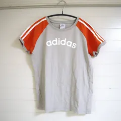 アディダス レディース Tシャツ M グレー×オレンジ 半袖 スリーストライプ ロゴ adidas スポーツ カジュアル トップス 綿100%