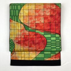リユース帯  名古屋(八寸) 赤 緑 黄色 黒 カジュアル 抽象柄 平仕立て 未洗い MS625