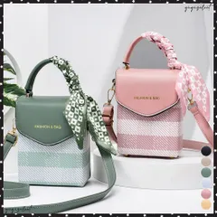 ミニショルダーバッグ スカーフ付き 縦型レディース チェック柄 PUレザー コンパクトバッグ 配色鞄 斜め掛け ミニバッグ おしゃれ 小さい 手提げバッグ 6色ミニ鞄肩掛けカバン ハンドバッグ可愛い 韓国ファッション