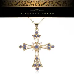 新品◆輝き保証 スワロフスキー 使用 大きめ クロス ネックレス ゴールド◆silver925 ジュエリーポーチ 保証書 ペンダント ゴシック パープル系