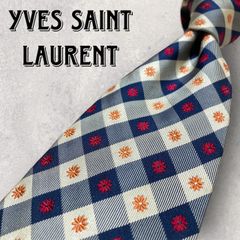 Yves Saint Laurent イブサンローラン パネル柄 花柄 チェック柄 ネクタイ ネイビー