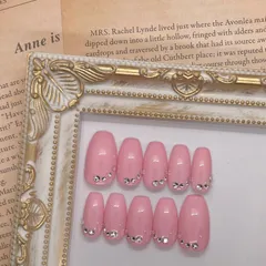 ④【ネイルチップ】ジェルネイル　ピンク　ストーン　シンプルネイル　オフィスネイル　大人ネイル　推しカラー　オリジナル　サイズオーダー受付中