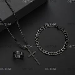 男性と女性のためのステンレス鋼のジュエリーセット ブレスレット ネックレス リング レトロ シンプル パーソナライズ パンク ヒップホップスタイル ギフト 3個