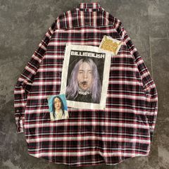 【Remake】Billie Eilish ビリーアイリッシュ チェック柄 再構築 ドッキング ボロ加工 オーバーサイズ リメイクシャツ ネルシャツ 長袖シャツ レッド系 バンT グランジロック パンク アナーキー No.19