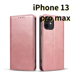 【SHOPS】 iPhone13 pro max レザー風 スマホケース 手帳型 ピンク 耐衝撃 マグネット式 カードケース