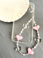 クリア　ハート　ビーズ　ピンク　キーホルダー　キーリング　ストラップ　ハンドメイド　韓国