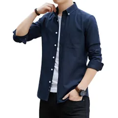 [レグエイト] メンズ シャツ 長袖 シャツ ゆったり シンプル 無地 カジュアル フォーマル ボタンダウン ブラック ネイビー ホワイト M L XL (JP, アルファベット, XL, ネイビー) [ネイビー] [XL]