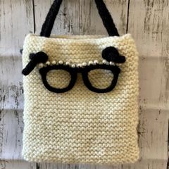 めがねミニトートバッグ　ニット　ハンドメイド　眼鏡アクセサリー付　白黒　マチなし