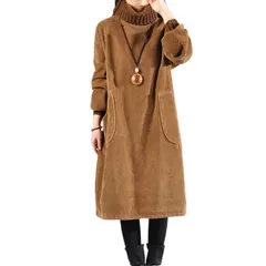 裏起毛 ロングワンピース レディース コーデュロイ 防寒 暖かい ハイネック コーデュロイワンピース ワンピース ポケット付き ロング丈 膝丈 ミディアム 厚手 あったか 秋冬 秋 冬 カジュアル シンプル 無地 gegemkxz201