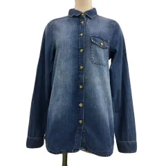 トップショップ TOPSHOP シャツ カジュアル スタンダード デニム 無地 長袖 US 0 青 紺 ブルー ネイビーのサムネイル