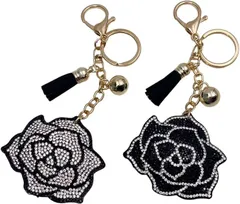 ルナリ ローズ ラインストーンキーホルダー 2個セット バッグチャーム 薔薇 キラキラ キーチャーム キーリング( ブラック＆ホワイト)