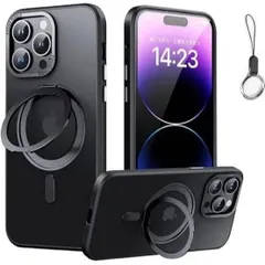 iPhone 14 Pro Max 用 ケース Magsafe対応【360°回転可能 ストラップ1種付き】半透明 マット感 ストラップホール付き -ブラック