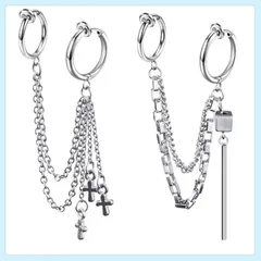 2点セットフェイクピアス イヤーカフ チェーン メンズ レディース 穴なしノンホール ピアス イヤリング 韓国 ファッション 片耳 人気 金属アレルギー対応 収納ポーチ付き ユニセックス (十字架＋スティック)