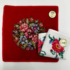 4553　美品　FEILER　フェイラー　ハンカチ　ハンドタオル　2枚セット　花柄　レッド　ホワイト　赤　白　シュニール織り　シール付き　レディース