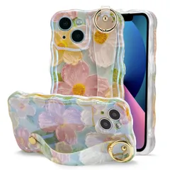 【数量限定】スマホケース 耐衝撃 ハンドベルト付き 軽量 薄型 カラビナリング付き 花柄 スタンド機能 可愛い ワイヤレス充電対応 韓国 ストラップホール付き おしゃれ アイフォン14 ウェーブ TPUカバー ケース ケース 6.1インチ 用 対応 14 -