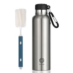 【新品】 FJbottle 水筒 600ml 真空断熱 保温 保冷 第2世代 スポーツボトル 直飲み ステンレスボトル スポーツ飲料対応 洗浄用スポンジ付き 男の子 女の子 大人 子供 シルバー 1