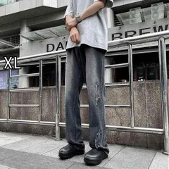[XL]メンズ ファッション 服 男性用 オシャレ シンプル 大人 かっこいい 大きいサイズ ストリート 紳士服 アメリカン ウォッシュド クロス ジーンズ ウォッシュ 加工 カジュアル スリム ストレート レッグ フレア パンツ 
