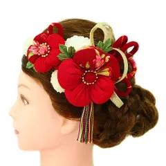 髪飾り 成人式 つまみ細工 赤 振袖 前撮り 袴 花 2点セット 白 オホワイト ゴールド マルチカラー ちりめん 組紐 房 房付き 玉 No.9-2942