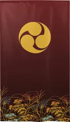 ■SIMON BAKER■のれん「家紋  左三つ巴  秋草」85x150cm ×7枚セット【日本製】暖簾 和風 家紋 目隠し 間仕切り 【家紋のれん】 【匿名配送らくらくメルカリ便 全国送料無料】
