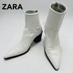 ZARA ショートブーツ ポインテッドトゥ バックジップ 37 ザラ レディース ホワイト チャンキーヒール hws02378