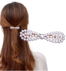 [Herbeluemily] バレッタ 髪留め ヘアバレッタ 髪飾り おしゃれ 結婚式 ヘアクリップ 上品 大人 パール リボン C [パール リボンC]
