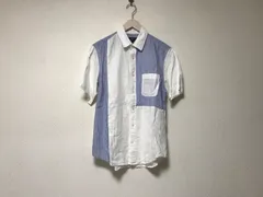 本物コムサイズムCOMMECAISMリネン麻ストライプ柄切り替えデザイン半袖シャツメンズサーフアメカジミリタリーストリートスケーターワークビジネススーツモードゴルフドレス青ブルー白ホワイトM