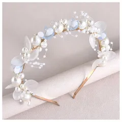 『在庫処分』 ウェディング ブライダル ヘアアクセサリー髪飾り 結婚式パーティー 女の子誕生日 ヘッドバンド フォト撮影髪飾り パールフラワークラウン (ブルー LOHGOU カウント)