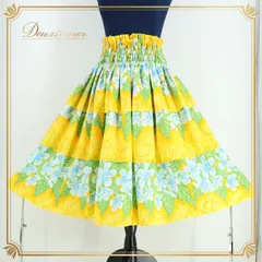 フラダンス 衣装 パウスカート イエロー系 フラ ダンス 花柄 黄 緑 青 プルメリア柄 レッスン 練習 華やか 明るい 段々 ハワイアン アロハ 鮮やか ハワイアンプリント グリーン系 ブルー系