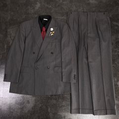【Vintage】英国 ALFRED BROWN生地 5点セット セレモニー ピークドラペル ダブルスーツ セットアップ 上下 グレー×ブラック×レッド 2XLサイズ相当 成人式 卒業式 結婚式（ユーロヴィンテージピンズ＆シャツ＆ネクタイ おまけ）No.79