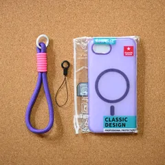 iPhone16e用 Magsafe対応 キャンディーカラー マットスマホケース ハンドリストストラップ付 パープル