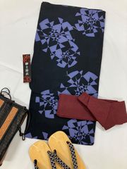 《花ラブリ》MYL334PU　浴衣　 新品　メンズ　男性　Ｌサイズ　黒　ブラック　紫　パープル　幾何学模様？　夏祭り　花火大会