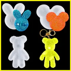 ネズミ かわいい カバン飾り 熊 ペンダント キーホルダー 動物型 UVレジン型 人形 ３セット 樹脂 ソフトモールド シリコンモールド DIY手作り ダイヤモンドの表面 うさぎ型 ハンドメイド つや消し DIYBravo (動物型３セット)