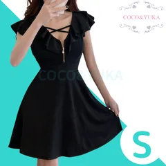 [ COCO&YUKA公式 ] ココアンドユカ フリル セクシー ハーフ ジップ ミニ フレア ワンピース キャバ 嬢 ドレス オフショルダー 半袖 タイト Aライン 胸 クロス チャック ミニワンピ ブラック S B0CX1G2D2V