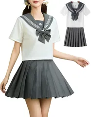 GRHONC セーラー服 グレー JK 制服 コスプレ 上下セット 女子校生(グレー/ホワイト,  XL)