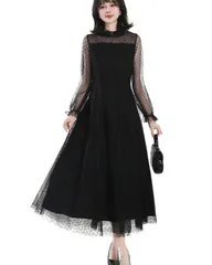 [Yino] パーティードレス チュール レディース ワンピース ドット 長袖 フリル 裏地付き 着痩せ ロング丈 女性らしい 可愛い フォーマル 結婚式 二次会 披露宴 同窓会 お呼ばれ