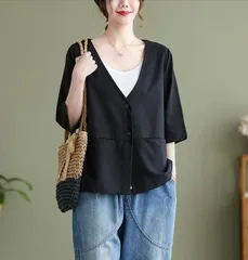 ジャケット ノーカラー レディース 春夏 綿麻風 テーラードジャケット 半袖 トップス 大きいサイズ  ゆったり 体型カバー 半袖ジャケット カーディガン
